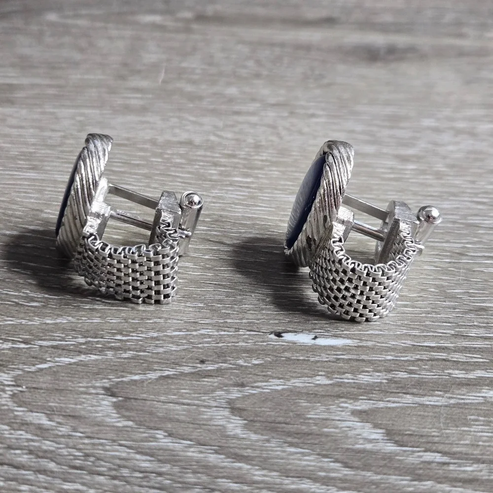 Silver Tone Blue Chatoyant Glass Cufflinks Wrap Around Mesh Toggle Back